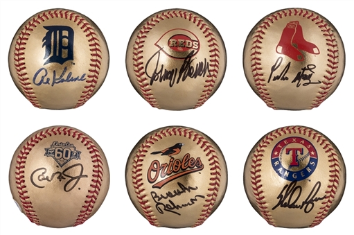 Lot of (6) Hall of Fame Single-Signed Gold Rawlings Baseballs - Kaline, Bench, Ryan, Ripken, Brooks Robinson & Pedro Martinez (PSA/DNA)